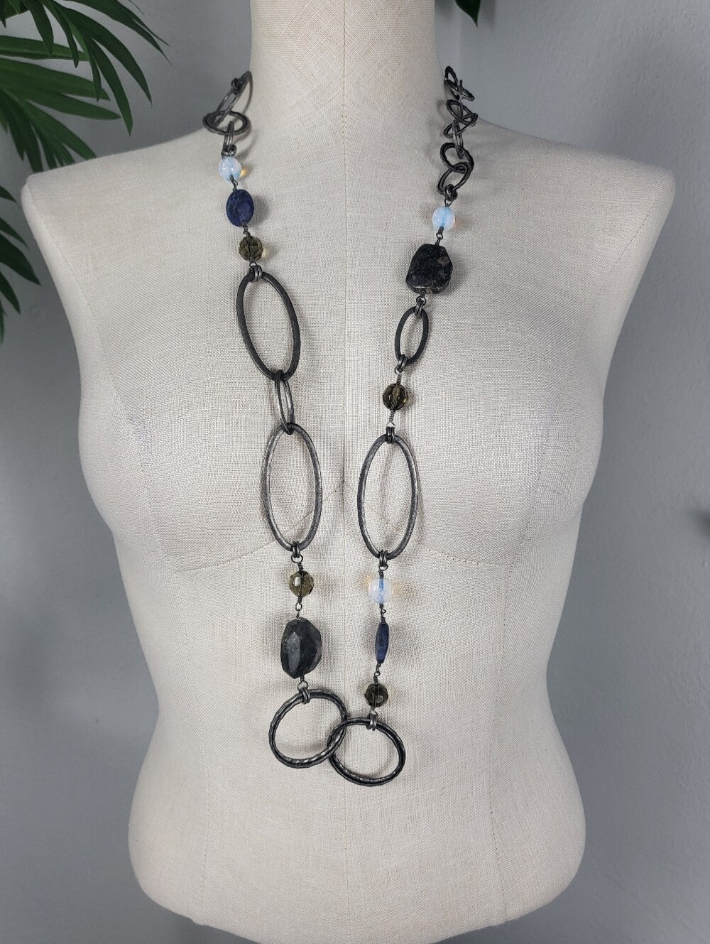 Long Gunmetal Brutalist Necklace w/ Blue & Smoky Beads - Industrial Rustic Y2K